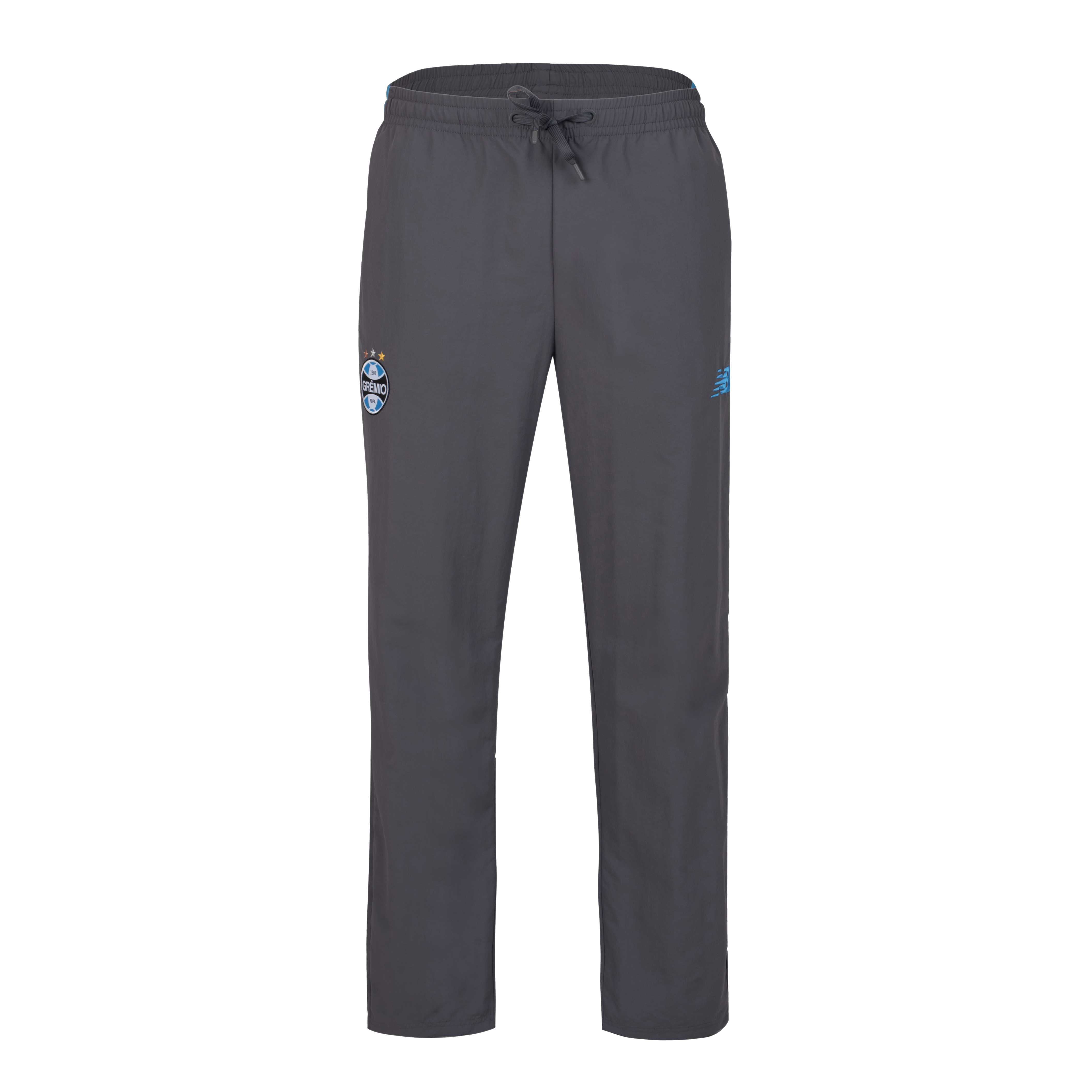 Calça masculina New Balance cinza com detalhes azuis e logos do Grêmio e New Balance na lateral